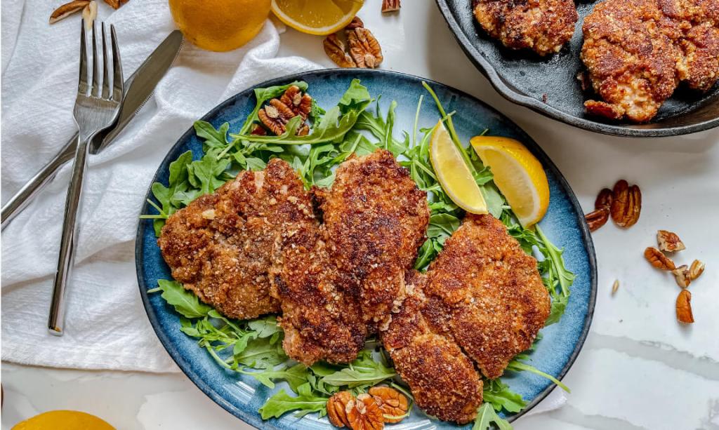 photo of prepared pecan pan-fried chicken recipe.